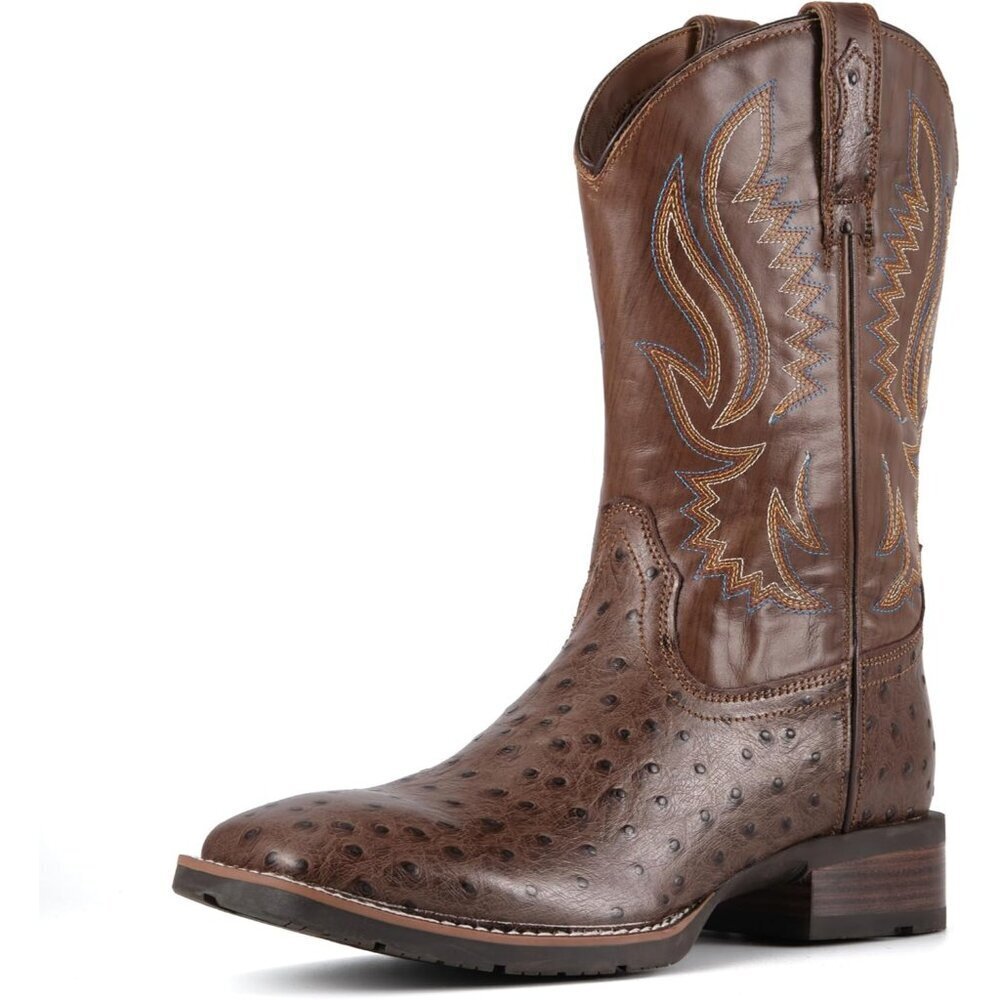 Men‘s Mocha Leather Cowboy Ostrich Patter Square Toe Embroidery Western Boots